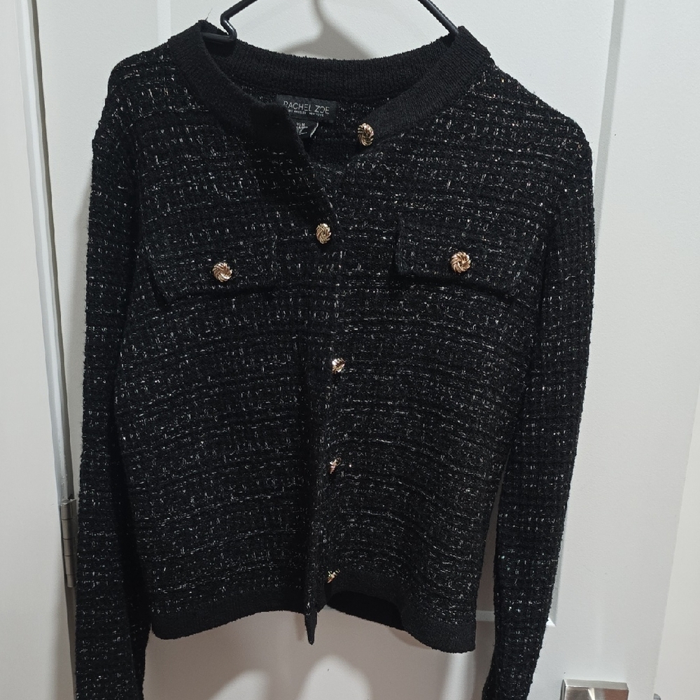 Rachel Zoe Black Tweed Cardigan With Matching Skirt with Gold Accents. Worn Once
